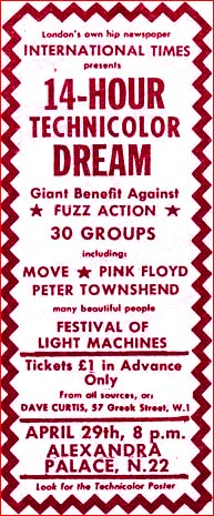 A local newspaper ad for the 14-Hour Technicolor Dream event that was held in London in the late 60s.